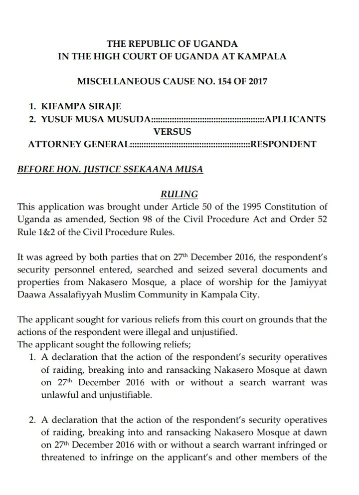 #LegalAlert: Court has declared that Police's acts
of raiding, breaking into &amp; ransacking Nakasero Mosque at dawn on 27/12/2016 was
unlawful &amp; illegal.

The illegal search of the mosque also infringed on the Applicants' &amp; other Members Constitutional Rights. <a href="/UgandanLawyer/">The Ugandan Lawyer</a>