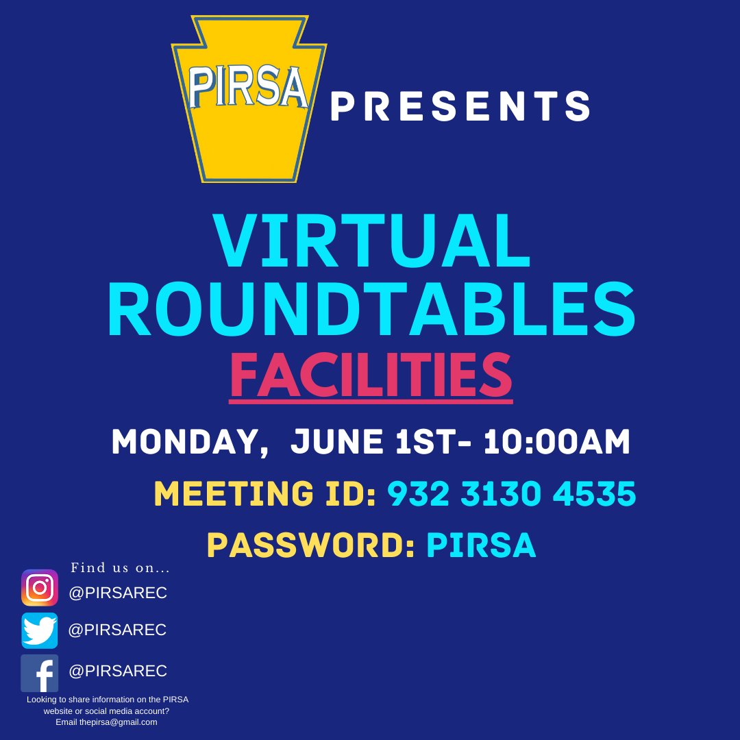 PIRSArec's tweet photo. Facilities Roundtable Today @ 10:00AM!! - https://t.co/bdyAvpbbZu https://t.co/g7qXfMG6KI