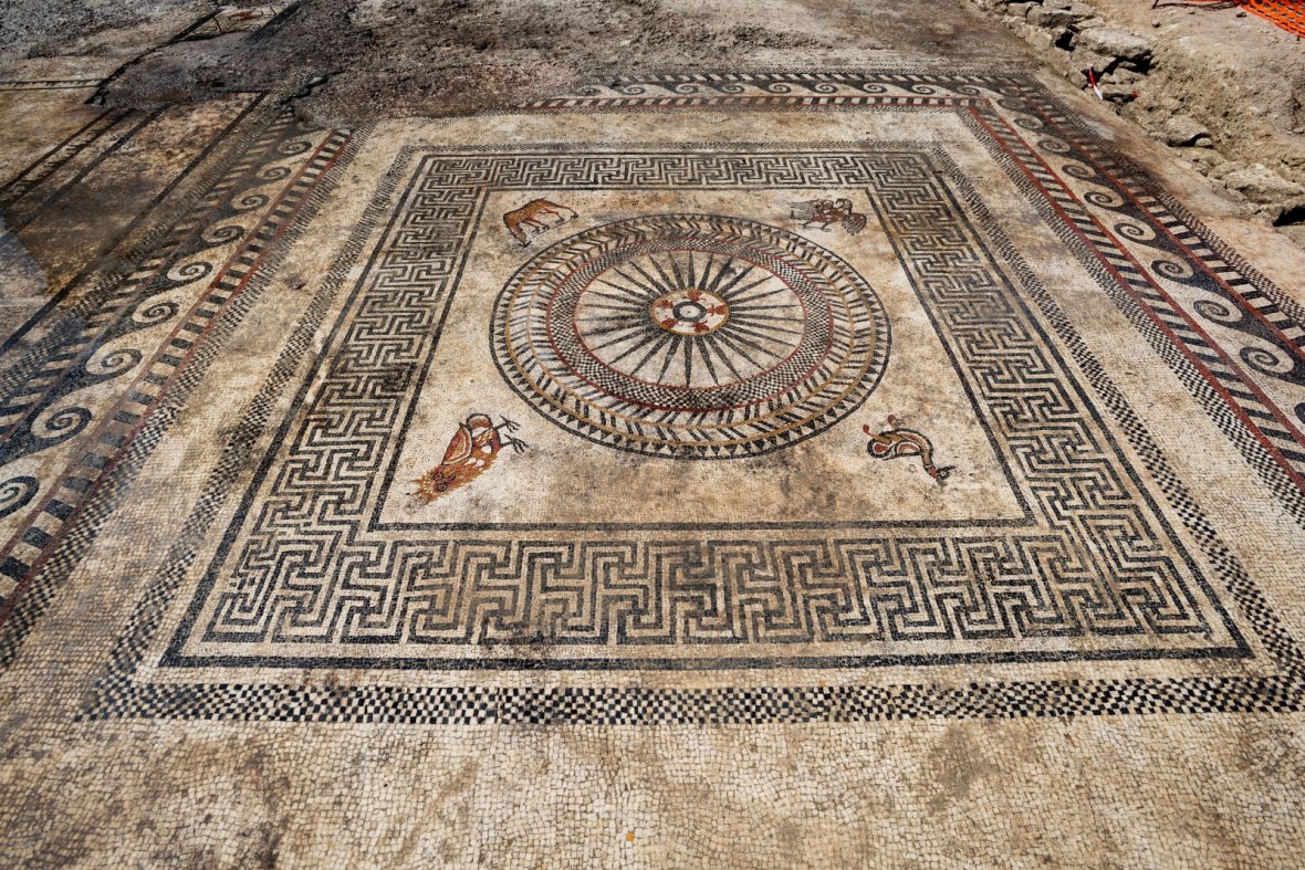DrJEBall's tweet photo. A #Roman #mosaic uncovered in Uzès (France), probably the ancient city of Utecia, an early-occupied Gallo-Roman settlement, probably on the site of an oppidum. The mosaic dates to the C1st AD &amp; depicts several birds (eagle, owl, duck) &amp; a fawn.

#MosaicMonday https://t.co/qG4rzOsOU8