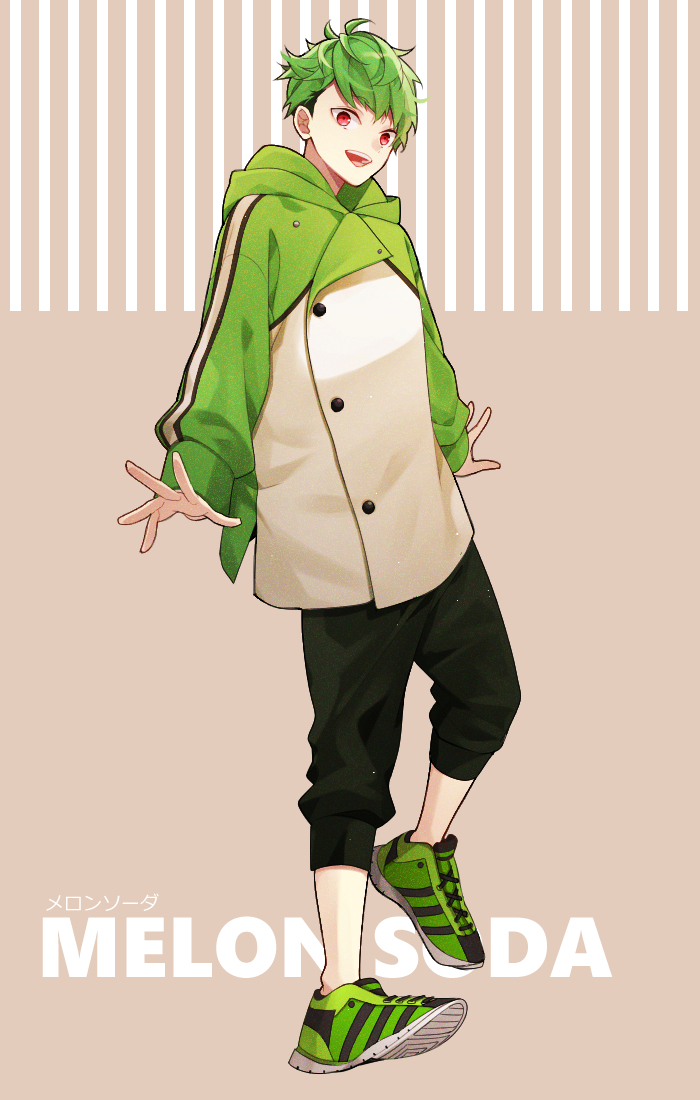 1boy male focus green hair solo hood red eyes shoes  illustration images