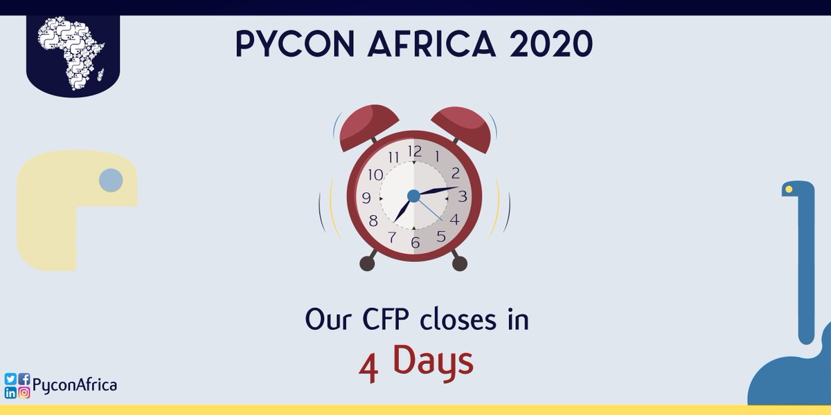 Our Call for talks and tutorials proposal closes in 4 days! Submit yours now! Don't wait till the last moment to submit your proposal! 

Submission link: bit.ly/PA20-CFP

#Python #PyConAfrica2020 #PyCon