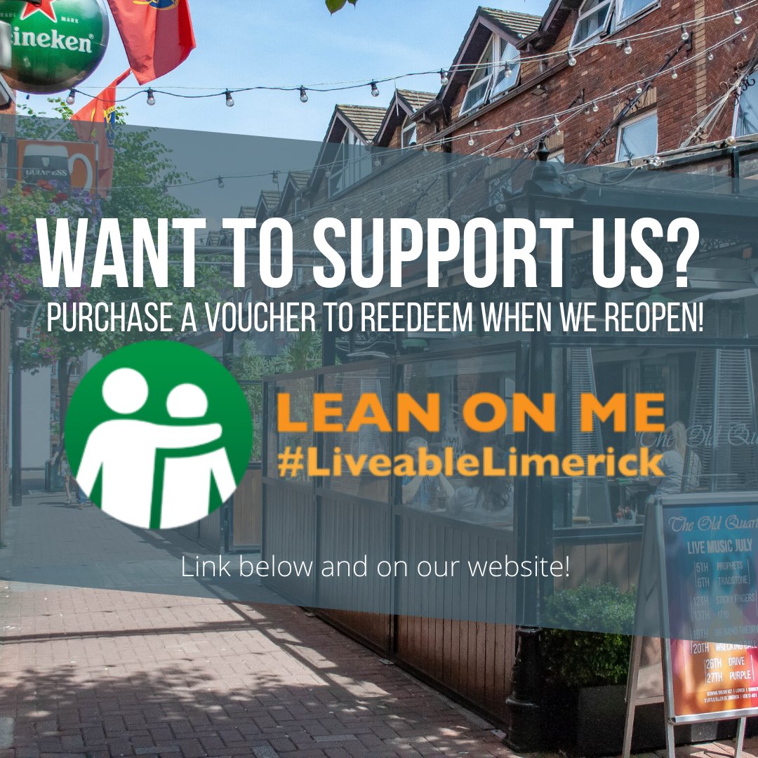 OldQuarterL's tweet photo. Showing your support means the world to businesses right now. 🌍Even though we have a takeaway option now, you can still buy a voucher through https://t.co/4HBQIhzytK 🤗

#TheOldQuarter #Limerick #LeanOnMe #LiveableLimerick https://t.co/cfShEa5cY9