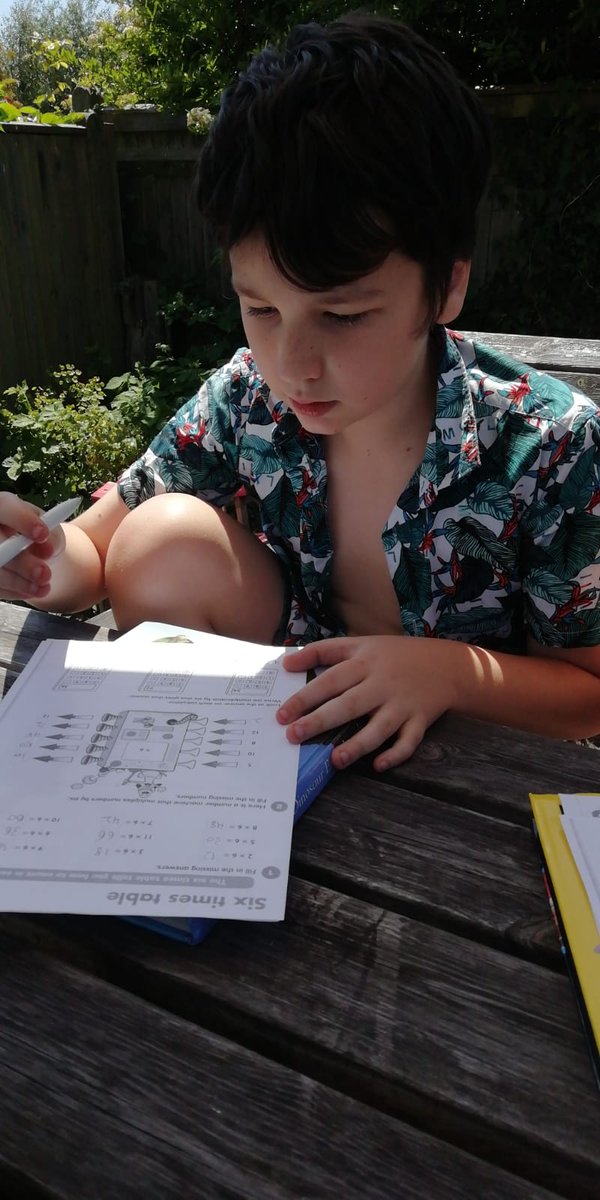 Clare_Harrris's tweet photo. Maths time, love our learning in the garden. Refreshing on the 6 times table today, with workbooks, flash cards and teamwork. #dreamteam #lovemaths #learninginthesun #Homeschooling @PolegateSchool https://t.co/aaxcPq6api