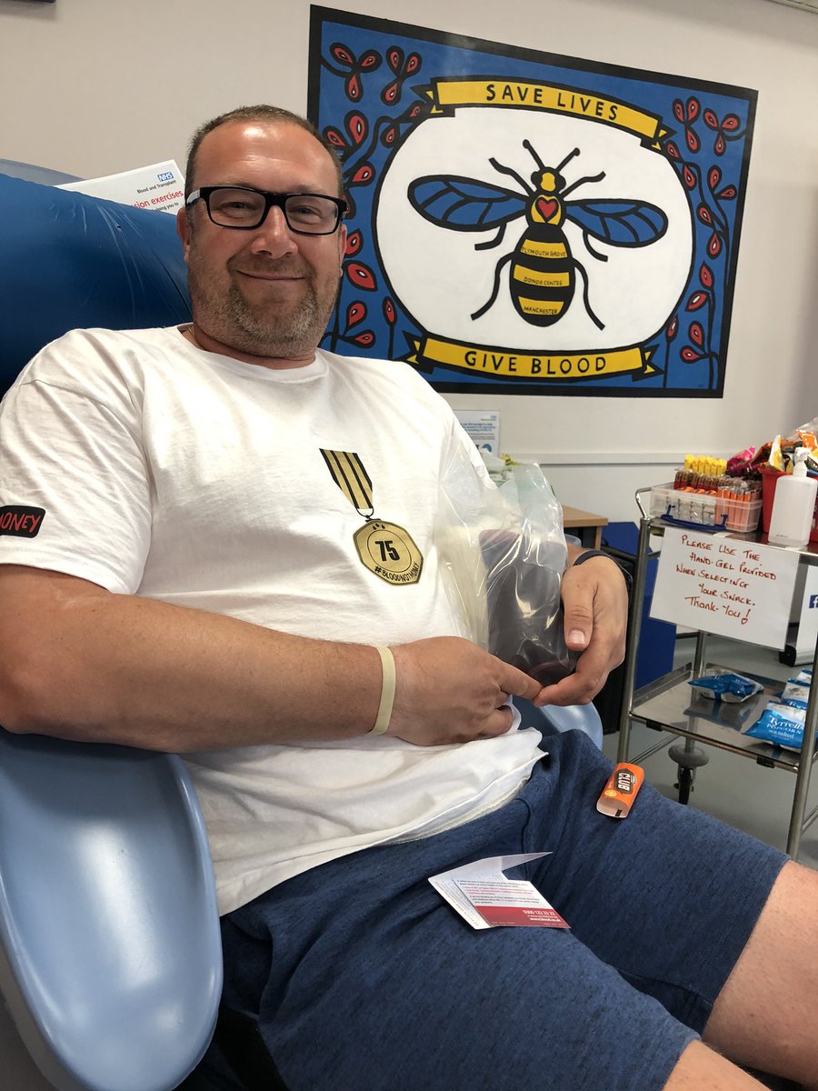 BloodNotMoney's tweet photo. Thanks to the wonderful staff at #plymouthgrove #manchester for safely taking my #75th unit of blood. Dedicated to all those who want to donate but can’t for various reasons. #bloodnotmoney #giveblood #makeadifference @GiveBloodNHS https://t.co/HrwpCNIvBs