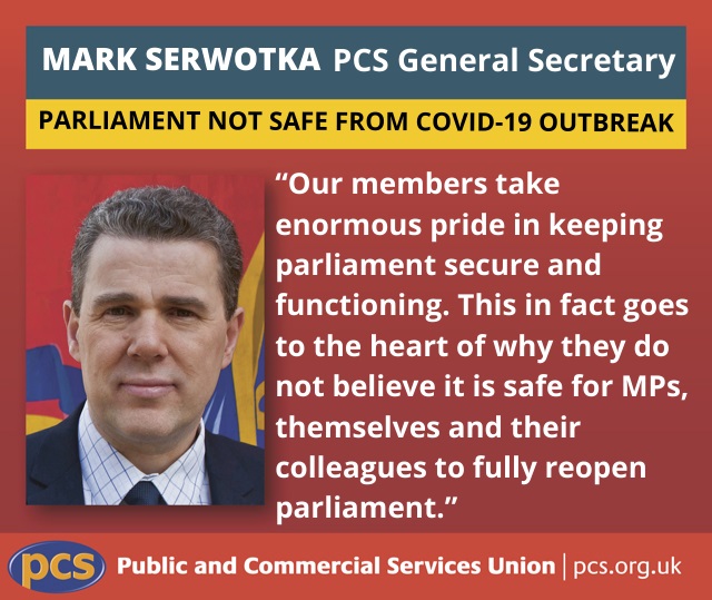 pcs_union's tweet photo. PCS warns parliament is not safe from Covid-19 🦠 outbreak
As MPs return to Westminster tomorrow we are warning there are inadequate measures to control the numbers coming on to the parliamentary estate. https://t.co/XGHbc1ppwB https://t.co/T4NVfE4uHI