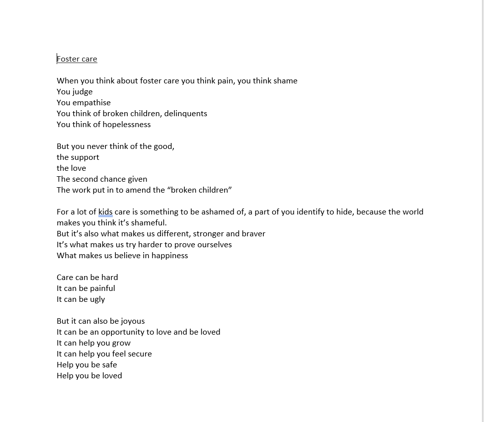 Please take a look at the Amazing poem that one of our young people wrote, That came out on top and is our Winner for The Creative Art Competition! Heartwarming- Enjoy!
