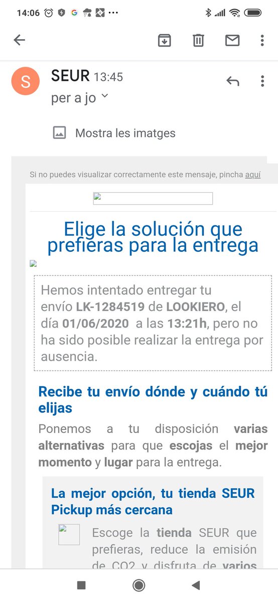 mercesoms's tweet photo. @SEUR_responde @SEUR  he recIbido este mail:.  MENTIRA JO NO HE RECIBIDO NINGUNA LLAMADA NI NINGUN AVISO https://t.co/wOgEZEEY21