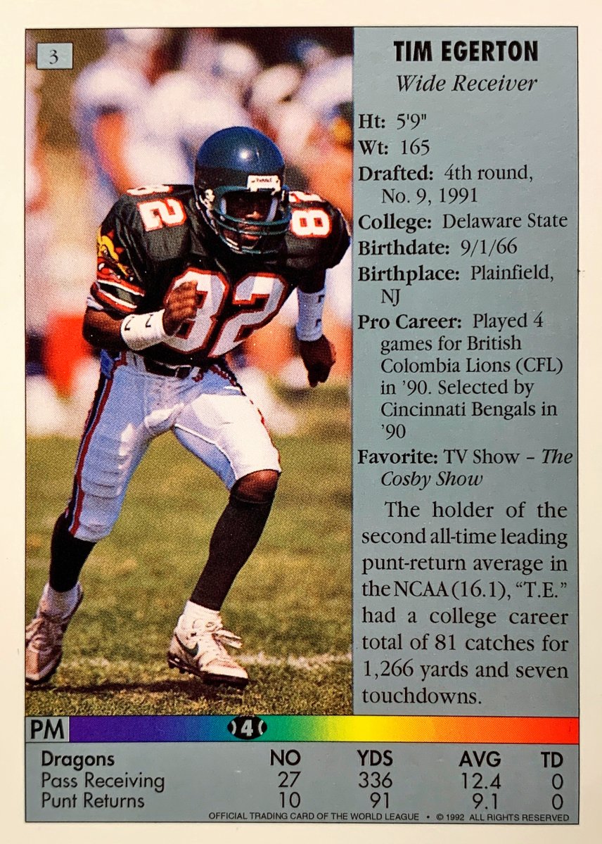 WLAFCards's tweet photo. Favorite TV show? “The Cosby Show.” Also, ran for 336 yards on 27 receptions in 1991.

Played for #CFL’s #BCLions &amp; #ArenaFootball’s #ClevelandThunderbolts.

Tim Egerton #BarcelonaDragons - 1992 #Ultimate #WLAF #3

#WorldLeagueOfAmericanFootball #WLAFCards #WorldLeague https://t.co/0W92T2vnn2