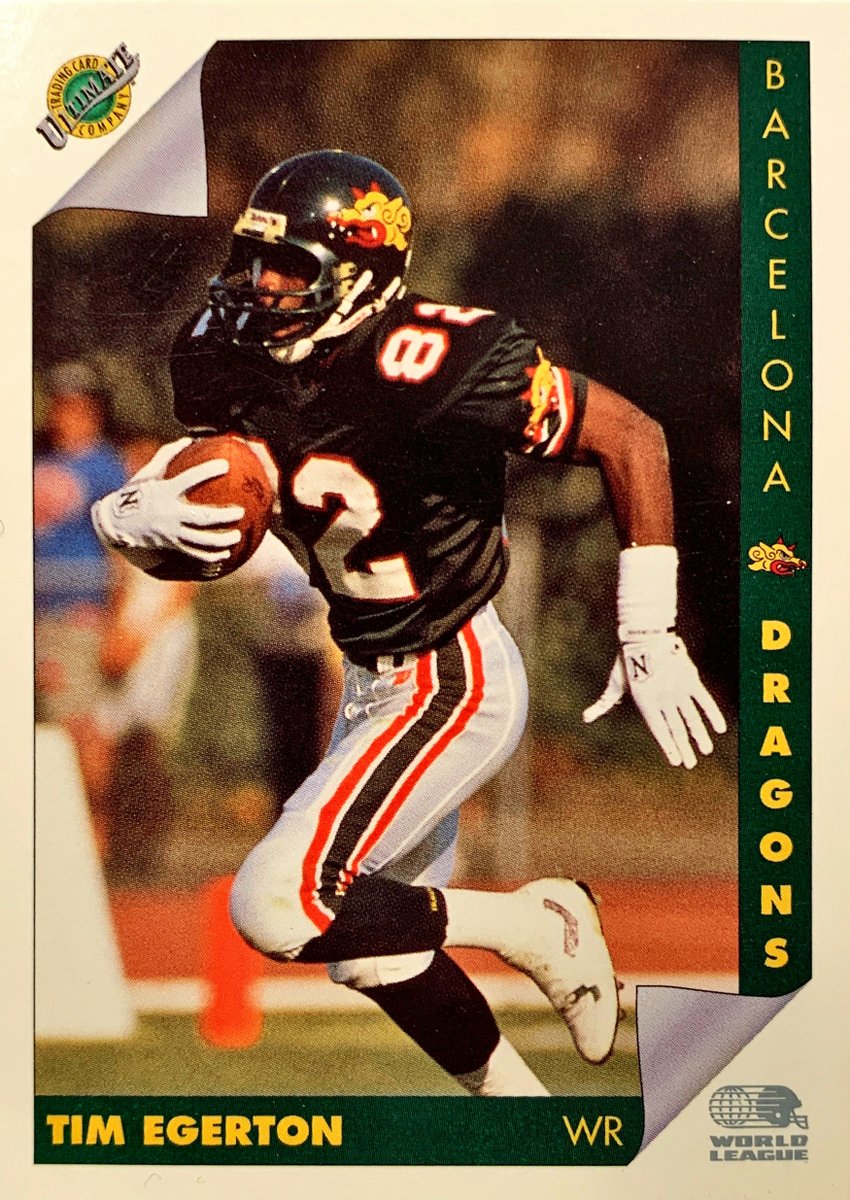 WLAFCards's tweet photo. Favorite TV show? “The Cosby Show.” Also, ran for 336 yards on 27 receptions in 1991.

Played for #CFL’s #BCLions &amp; #ArenaFootball’s #ClevelandThunderbolts.

Tim Egerton #BarcelonaDragons - 1992 #Ultimate #WLAF #3

#WorldLeagueOfAmericanFootball #WLAFCards #WorldLeague https://t.co/0W92T2vnn2