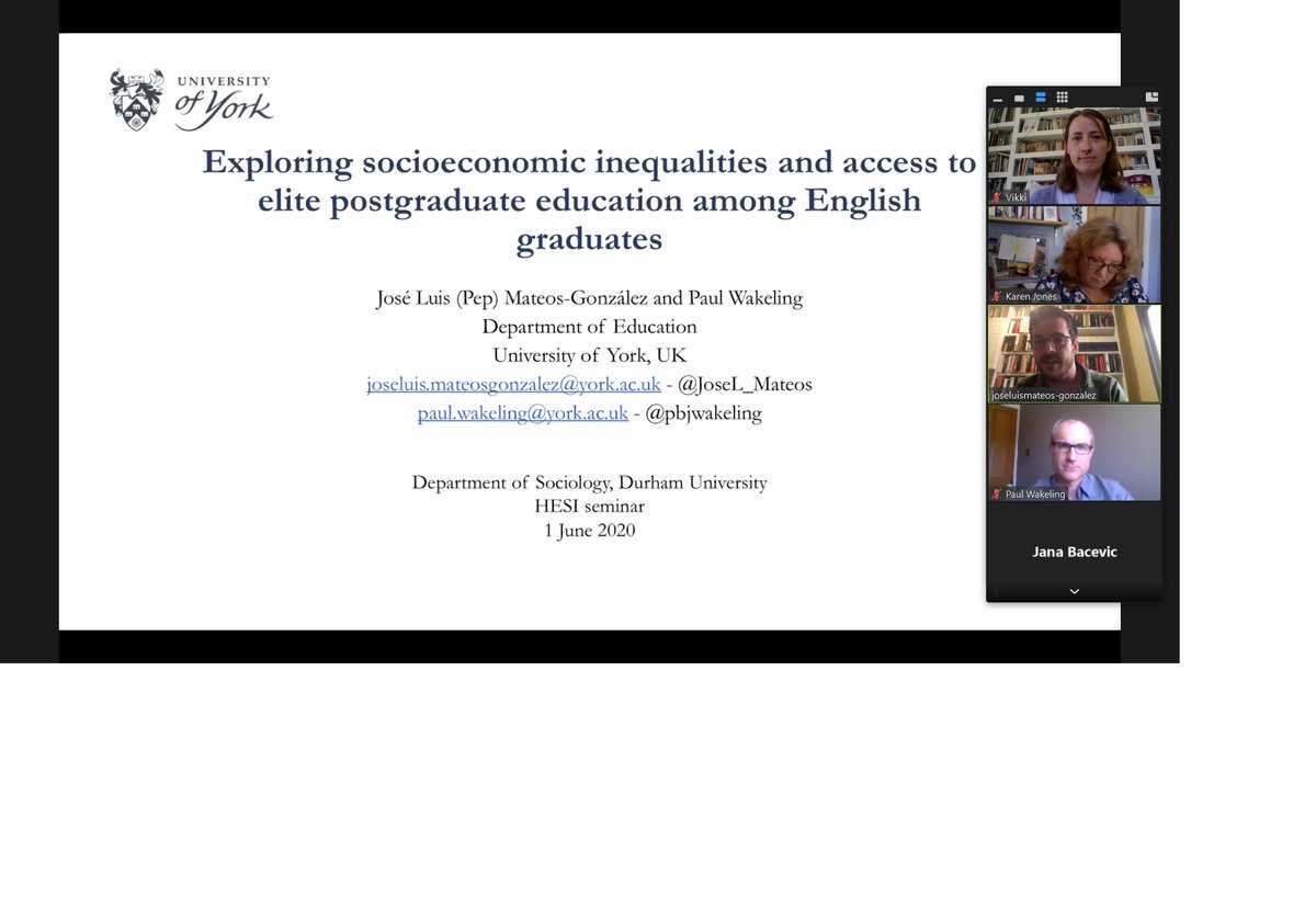 In today's <a href="/hesidurham/">@HESIDurham</a> seminar <a href="/DurhamSociology/">Durham Sociology</a> via Zoom, @JoseL_Mateos and @pbjwakeling are discussing access to elite postgraduate education