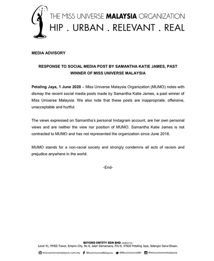 RESPONSE TO SOCIAL MEDIA POST BY SAMANTHA KATIE JAMES, PAST WINNER OF MISS UNIVERSE MALAYSIA - MISS UNIVERSE MALAYSIA ORGANIZATION