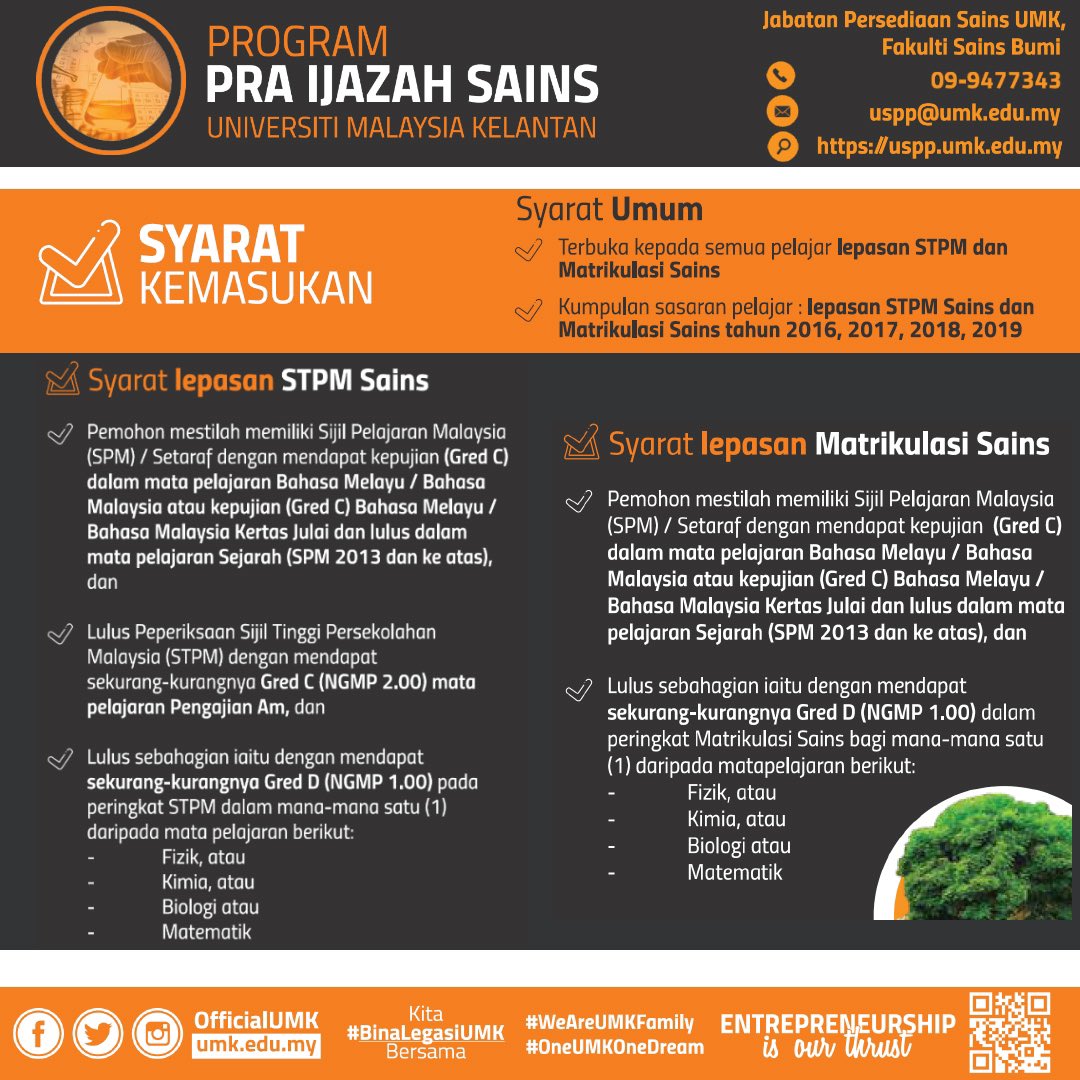 FSBUMK_Official's tweet photo. Keputusan STPM/Matriks kurang memberangsangkan? Rebutlah peluang melanjutkan pengajian Ijazah menerusi program Pra Ijazah Sains UMK! MOHON SEGERA: https://t.co/k8dKLzsaFx
@twt_upu @jpt_kpt
#DiscoverFSB
#PraIjazahSainsUMK
#JomMasukIPT
#KitaBinaLegasiUMKbersama https://t.co/kmYZaPJE81