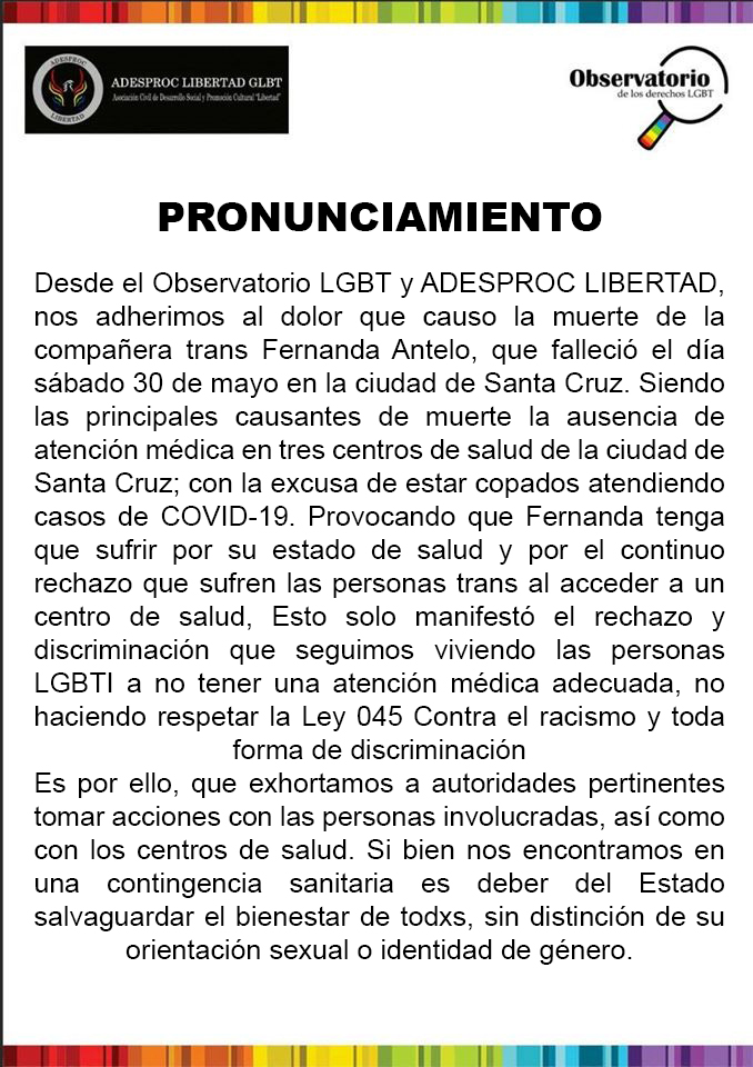 ADESPROC's tweet photo. Pronunciamiento sobre el sensible fallecimiento de una compañera trans en Santa Cruz
#ADESPROC #LGBTI #Bolivia #DDHH https://t.co/HHa52Dngne