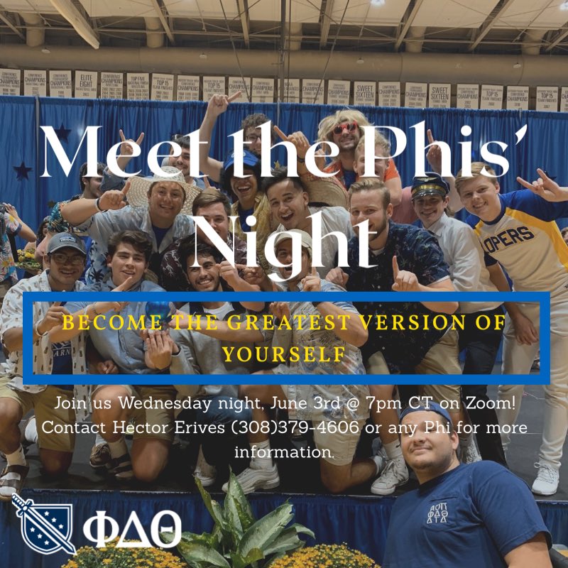 Join us Wednesday for the opportunity to talk and meet some members of Phi Delt as well meet some other guys interested in rushing! If the time doesn't work for you, don't sweat it. Any member of Phi Delt would be more than willing to set up your own personal zoom call!