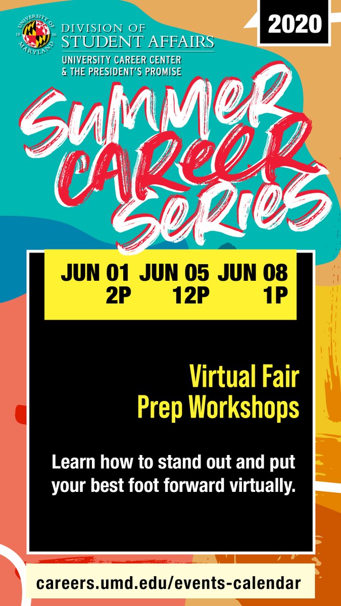 UMDCareerCenter's tweet photo. Summer is here, and so is the UCC Summer 2020 Career Series. ๐ Join us today for the first two workshops in this four-week series!
Visit https://t.co/xfy7kS785P to RSVP! ๐ข #UCCVirtual #CareerTheTurtle #SummerCareerSeries https://t.co/D6bW1Dpymw