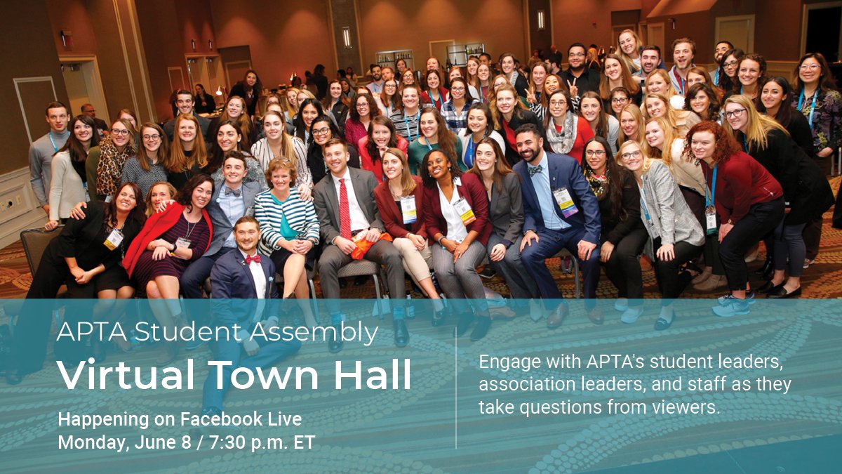 APTAStudents's tweet photo. In a Virtual Town Hall, viewers are encouraged to engage in discussion and ask questions of APTA's student leaders, association leaders, and staff. Guests will discuss pressing issues for today’s students and the profession. https://t.co/cvjZcnMlvY #DPTstudent #PTAstudent https://t.co/s35Gf3c9V0