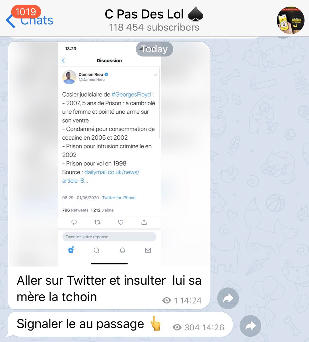 DamienRieu's tweet photo. Il est interdit de diffuser le casier judiciaire de #GeorgeFloyd sous peine de recevoir harcèlement, insultes et menaces. Toutes les vérités ne sont pas bonnes à dire. https://t.co/FwCST08tjR
