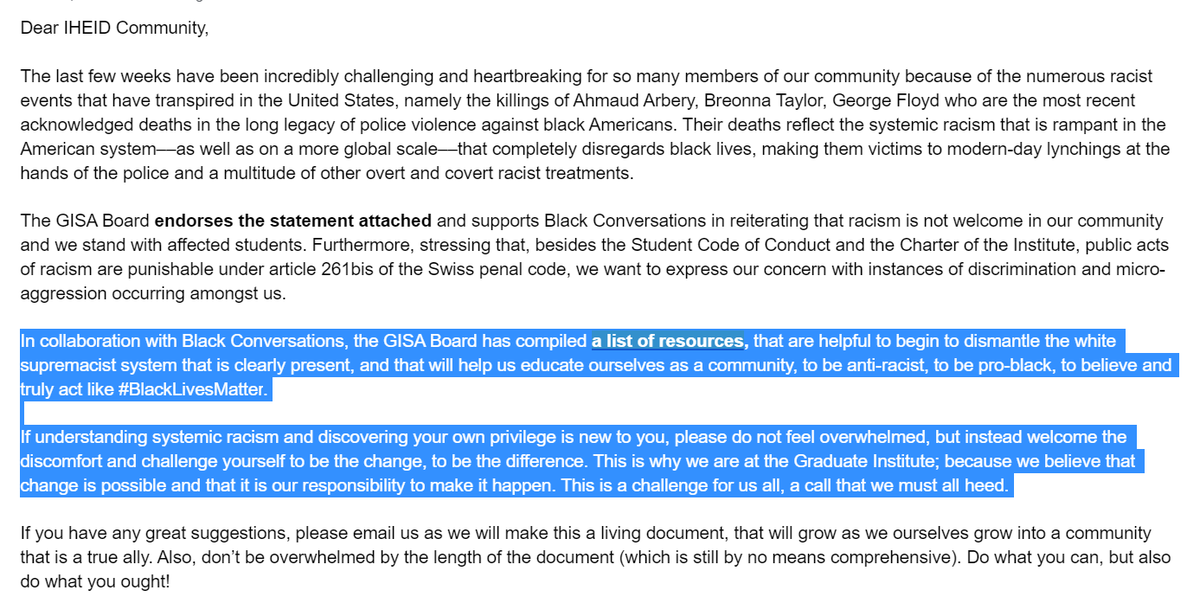 I'm pleased by the deliberate and anti-racist messaging coming from our Student Body Association Board <a href="/gisaIHEID/">GISA</a> <a href="/IHEID/">IHEID</a>