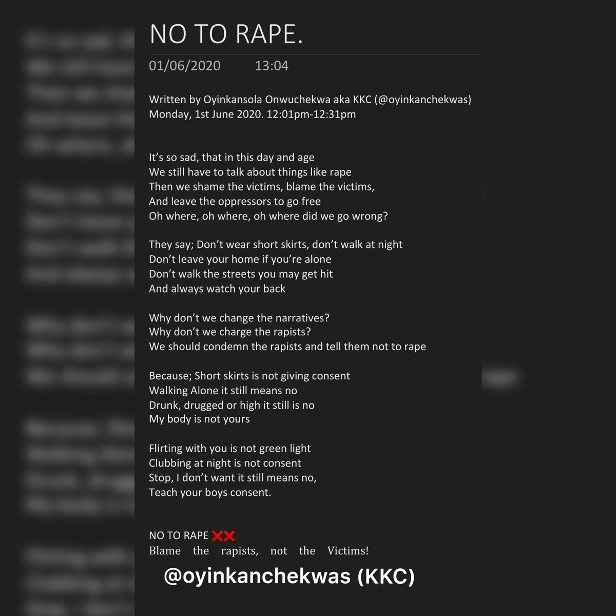 OyinkanChekwas's tweet photo. Here are the lyrics to the song.
Please, Stop Raping Women. Stop Hurting Women, Stop killing women!
Learn what CONSENT is!
#justiceforjennifer #JusticeForUwa https://t.co/RMKBbcIuXk