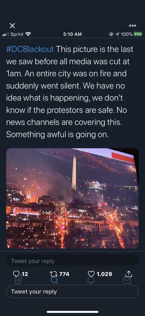 fabuIys's tweet photo. nobody has heard from dc pr*testers in HOURS... phone signals have been jammed... silencers are being used on weapons... something’s not right here #dcblackout https://t.co/VEHFA5lsT9