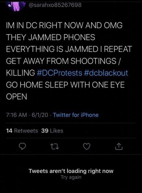 fabuIys's tweet photo. nobody has heard from dc pr*testers in HOURS... phone signals have been jammed... silencers are being used on weapons... something’s not right here #dcblackout https://t.co/VEHFA5lsT9