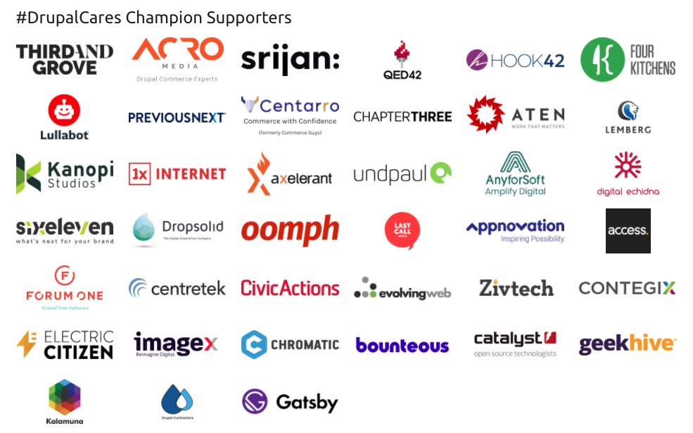 drupalassoc's tweet image. These Champion Supporters in #DrupalCares have gone above and beyond their normal partnership to provide sustaining support to the Drupal Association in these critical times.