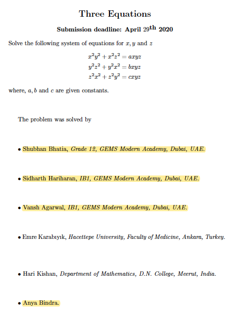 SidharthHariha1's tweet photo. So glad to have been recognized by @AUSharjah for submitting the correct solution to their May #MathProblemOfTheMonth. Congratulations also to my friends Shubhan, Vansh and Anya Bindra—all @GmaSigma members and @GMA_IBDP students! #QuarantineMath @KNargish @JunejaShiba @sunineog https://t.co/EWPPcVHWvB
