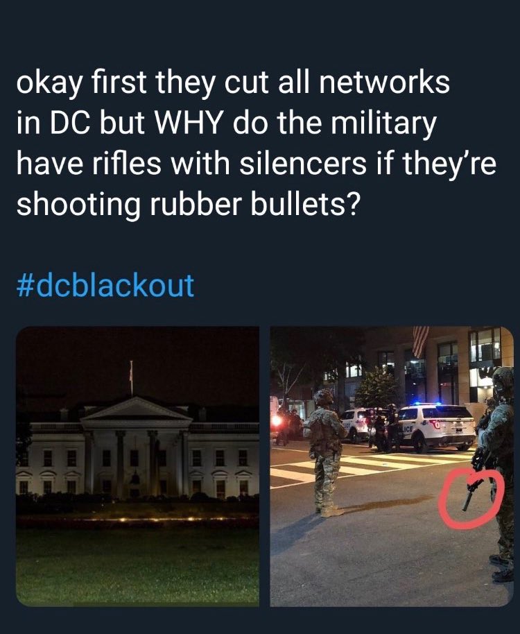gayablued's tweet photo. Blackout a Washington DC, hanno bloccato i segnali internet e non sappiamo né dove siano né come stiano i manifestanti.Twitter sta eliminando tutte le foto su ciò che sta accadendo. Pare che i militari abbiano silenziosatori e proieffiti diffondete la notizia. #dcblackout https://t.co/1wfDqBoDj0
