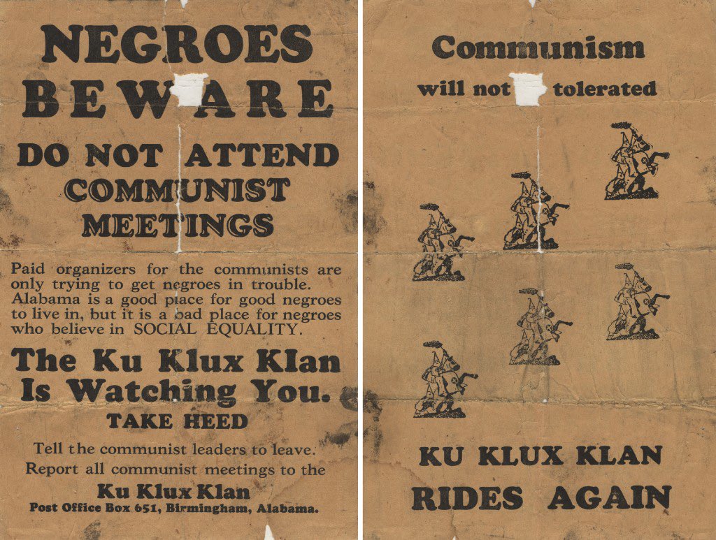 People are really out here parroting white supremacist talking points about “anarchists,” “radicals,” and “outside agitators.” These narratives have been repeatedly regurgitated by the state and the police and many are shamelessly endorsing it. [image: a KKK flyer from the 1930s]