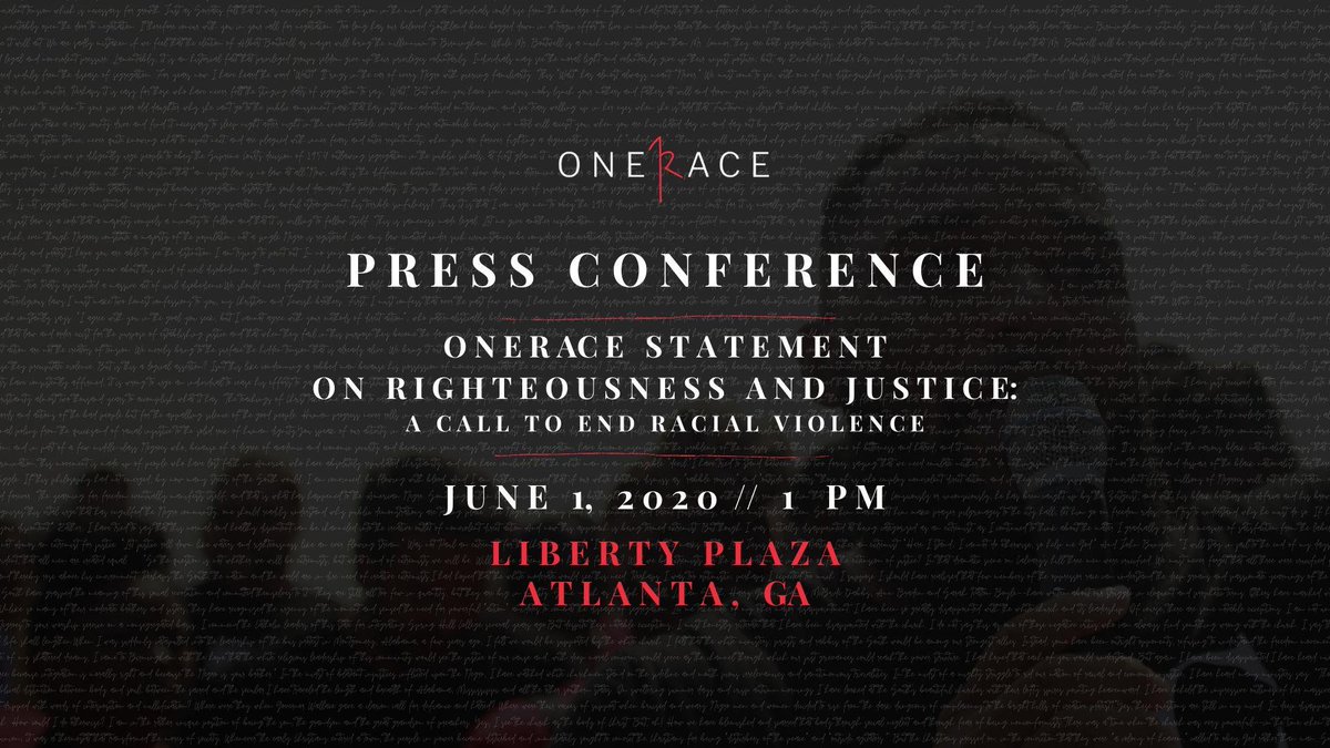 Stay tuned for live posts as we join the OneRace Press Conference in downtown ATL. Or come join us in person! 1pm at Liberty Plaza. FB Event link: bit.ly/3gGMM7S

#onerace #wewillnotbesilent