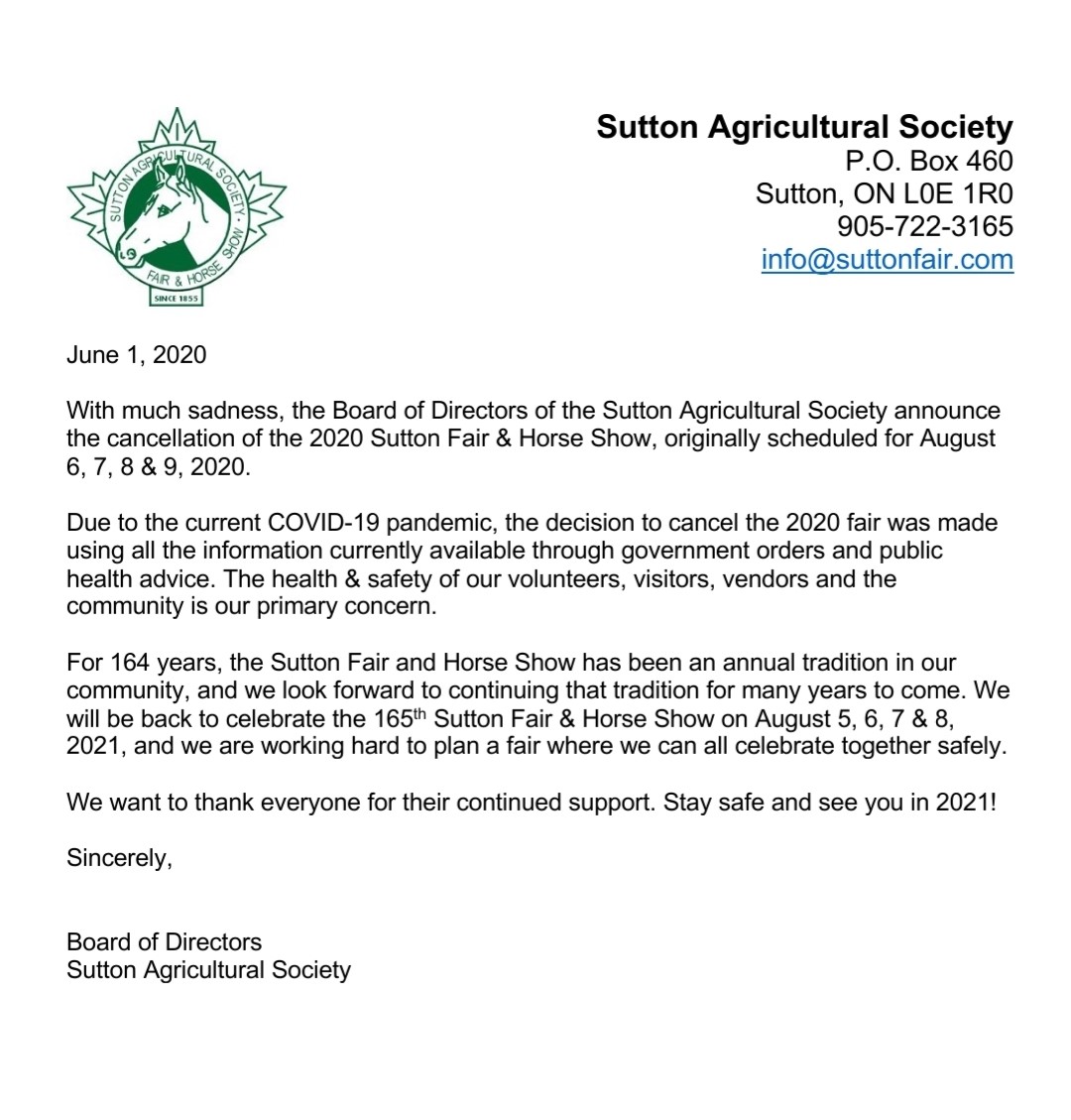 SuttonFair's tweet image. Our Board of Directors has made the difficult decision to cancel the 2020 #SuttonFair
We will see you in 2021!!!
