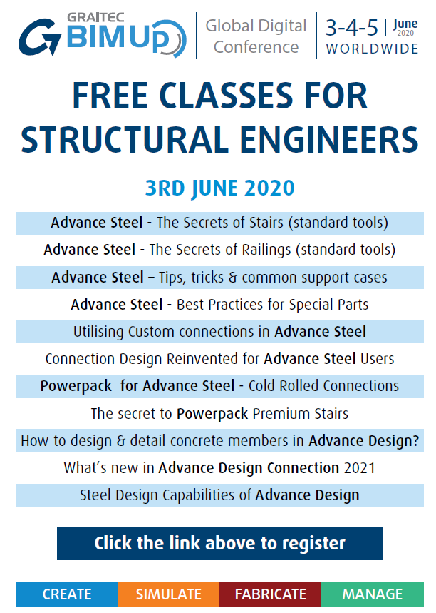 merrimanrobAS's tweet photo. The free Graitec BIMUp conference starts on Wednesday, here are the classes focused on Structures
You can register for the Free 3 day event with over 270 classes here - https://t.co/8D2SMQgLML
#Graitec #AdvanceSteel #Powerpack #BIM #BIMUp #Create #Simulate #Fabricate #Manage https://t.co/ucuT74g4zl