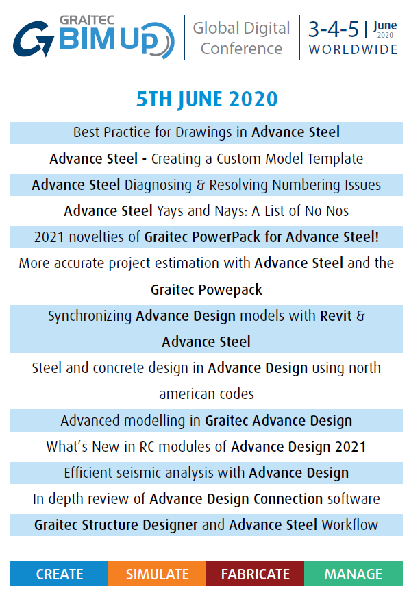 merrimanrobAS's tweet photo. The free Graitec BIMUp conference starts on Wednesday, here are the classes focused on Structures
You can register for the Free 3 day event with over 270 classes here - https://t.co/8D2SMQgLML
#Graitec #AdvanceSteel #Powerpack #BIM #BIMUp #Create #Simulate #Fabricate #Manage https://t.co/ucuT74g4zl