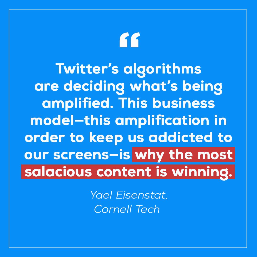 nycmedialab's tweet photo. Twitter's algorithms are deciding what's being amplified. This business model—this amplification in order to keep us addicted to screens—is why the most salacious content is winning. @cornell_tech's @YaelEisenstat on #Section230 for @SXSW #WebFreedom panel https://t.co/CyIgDHFhlJ https://t.co/1gSSylMh3M