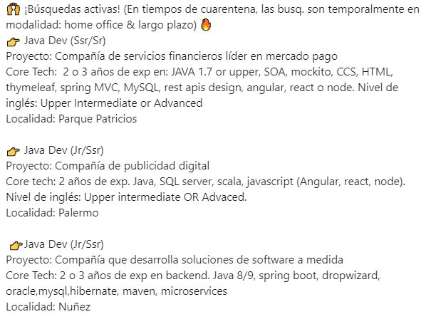 VGTalentLead's tweet photo. Nuevas oportunidades: Java Devs!

👉Interesados: Contactarse por MP o por mail (vgiuffre2@gmail.com)

@cafeconjavapod @javacodegeeks 
#Java #java8 #java9 #NodeJS  #angularjs #Angular #NodeJS #javascript #mvc #springboot #dropwizard #Scala #BuenosAires https://t.co/m08KTbAFeN