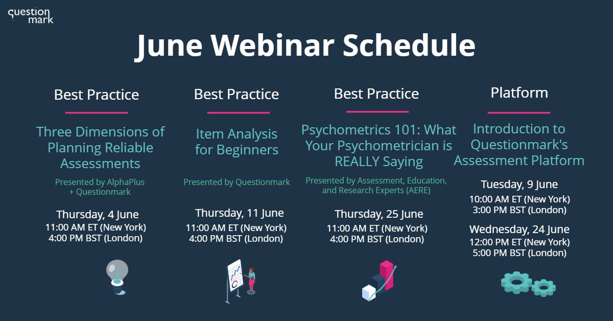 Questionmark's tweet image. Join us for a webinar this month for tips and best practice on developing tests, exams, quizzes and surveys that produce reliable, defensible results! Learn more and register today - hubs.ly/H0qWqbC0 #webinars #decisionsmatter