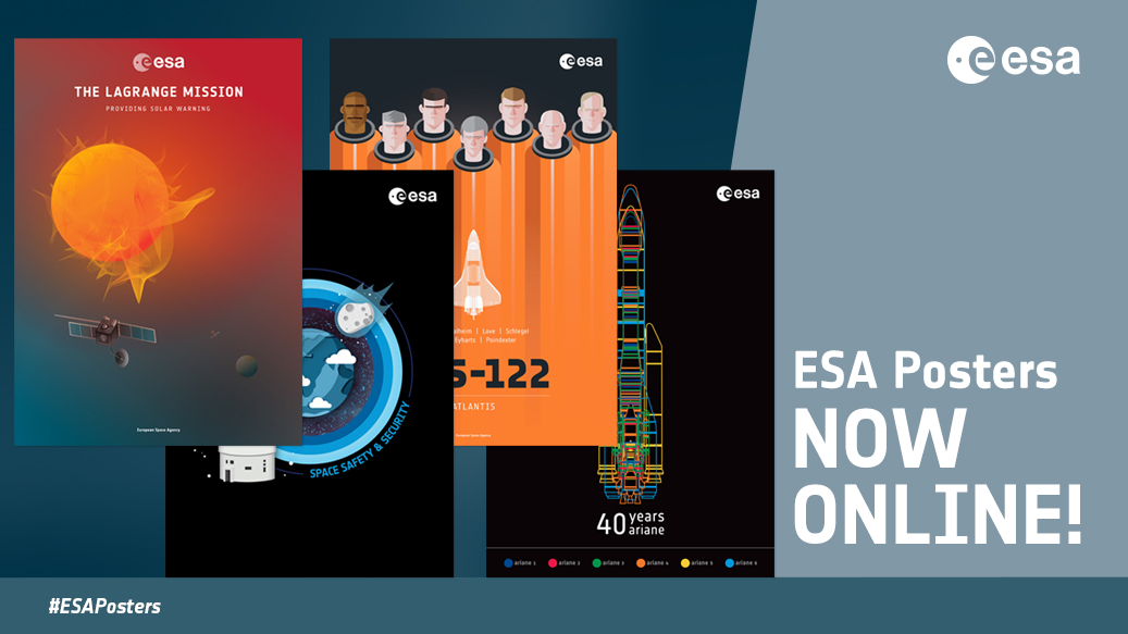 A selection of our eye-catching space posters is now available online in an A3 print-ready format. Choose your favourites here 👉 esa.int/About_Us/ESA_P… #ESAPosters #spaceposters #Ariane5 #Ariane40 #spaceweather #Heramission #cleanspace #Lagrange #Columbus10years