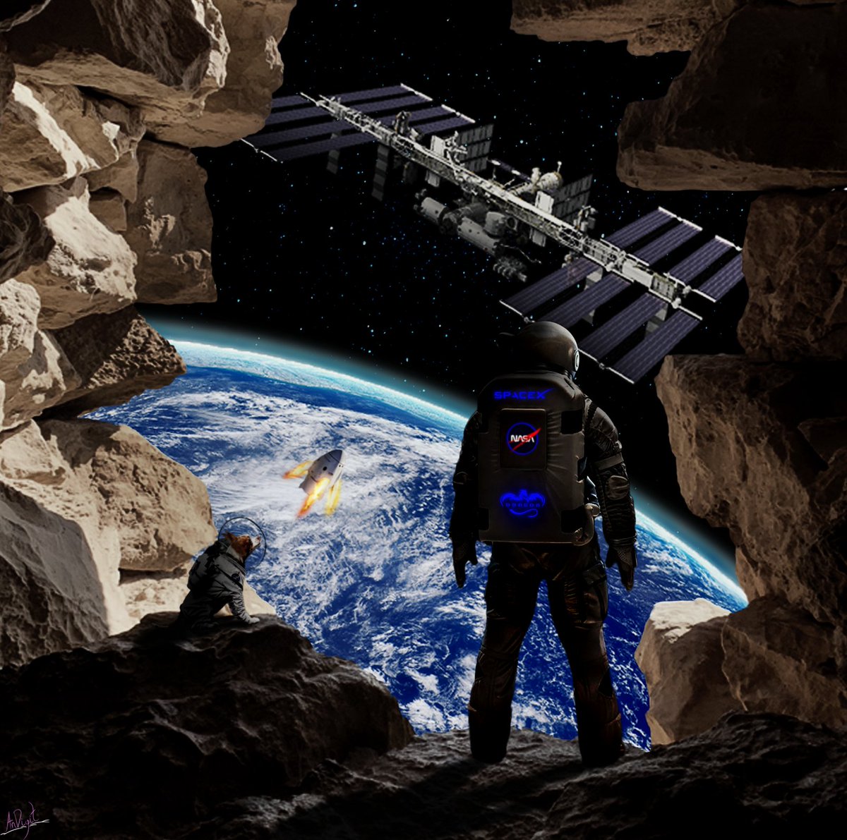 an_digit's tweet photo. SpaceX &amp; Nasa

Original size without signature: https://t.co/Wnmiag6aDv

#digitalart #nasa #SpaceX   #spacexdragon #Astronaut   #dog #ElonMusk   #ISS  #CHIHUAHUA #photoshop #fantasyart #astrodog #Earth  #spacexlaunch #spacexlaunch
#space https://t.co/idgNCMPSBd