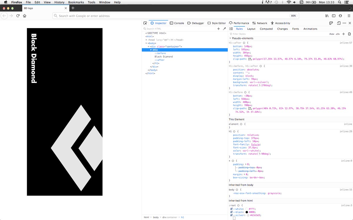 This morning's CSS jam. Been meaning to try and recreate a semantic(ish) version of <a href="/BlackDiamond/">Black Diamond</a>'s logo for a while now, turns out it was pretty straightforward, mostly because <a href="/firefox/">Firefox 🔥</a>'s clipping path tools are just so cool!