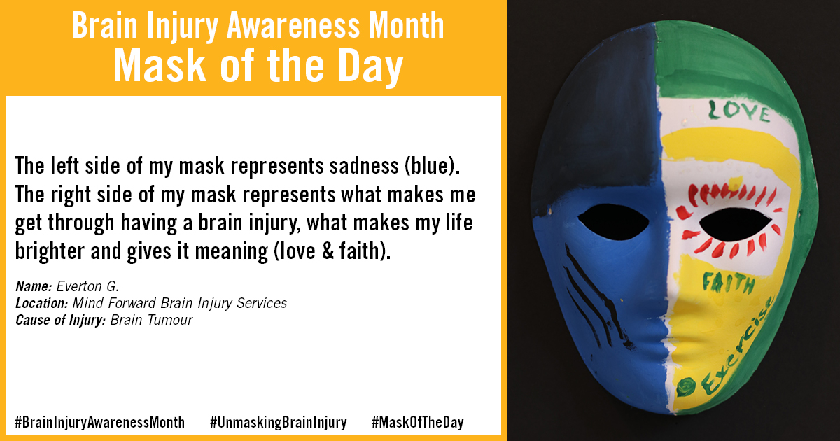 June is #BrainInjuryAwarenessMonth across Canada and we are highlighting masks made by brain injury survivors across ON. Behind every mask is a person who has been touched by brain injury. 
June 1 - Everton G
#UnmaskingBrainInjury
#MaskOfTheDay
@MindForwardBrainInjuryServices