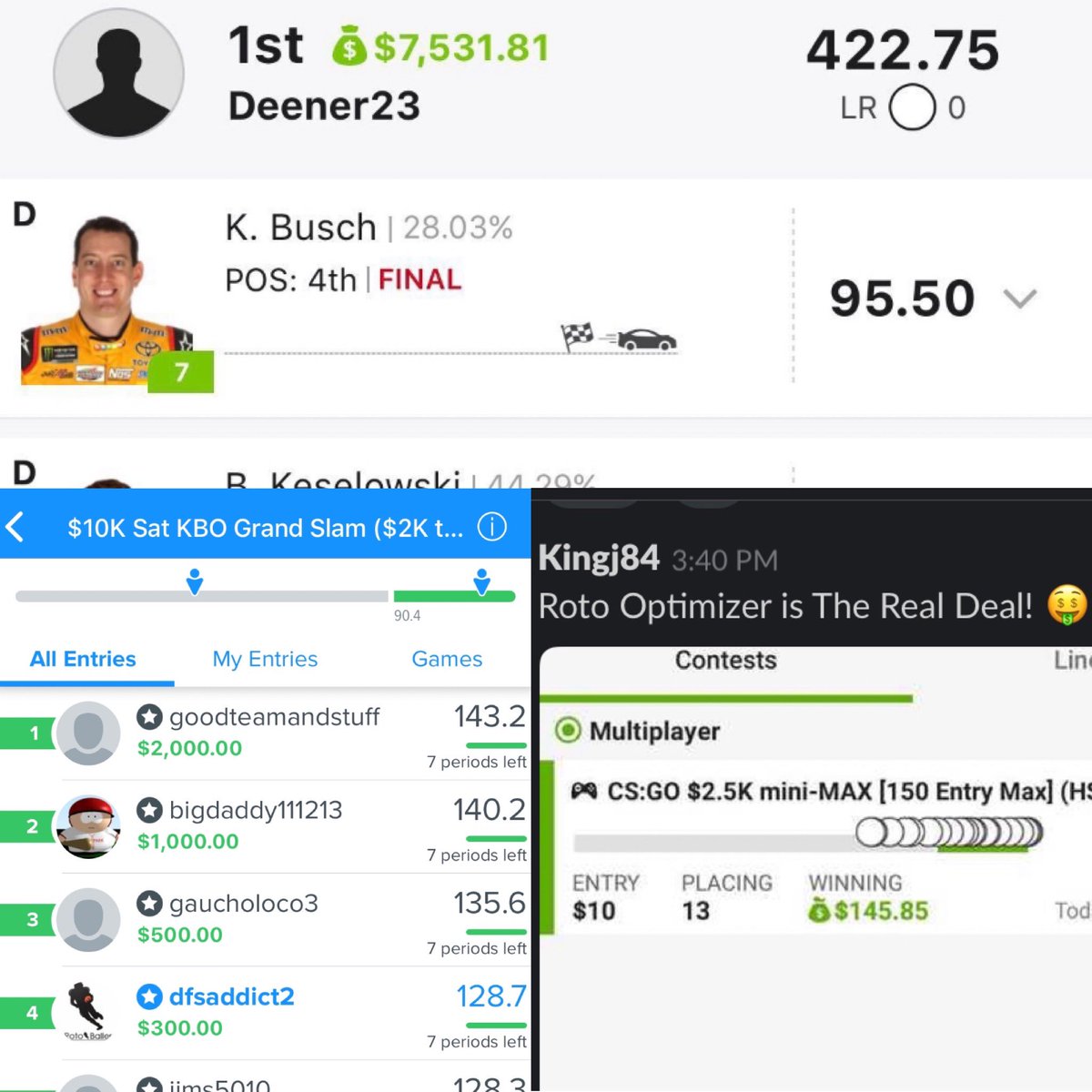 Just a few highlights from this weekend, including a 7.5k takedown by our own  @ChefBoiRDeen in NASCAR. Sign up for any premium package today and take advantage of these incredible values!  https://www.rotoballer.com/all-premium-access-nfl-mlb-nba-nhl