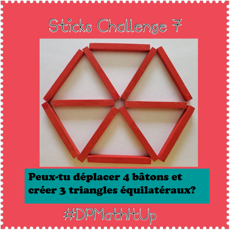 DP_math's tweet photo. C'est lundi et le soleil brille! ☀️
Êtes-vous prêts pour un autre défi #DPMathItUp? Cette semaine c’est un nouveau défi de bâtons!

❓Pouvez-vous déplacer 4 bâtons afin de créer 3 triangles équilatéraux? Hmm... 🤔

Partagez vos idées et vos solutions avec nous! https://t.co/J1exgTwWVk