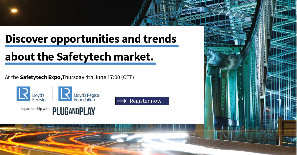 Join LR at the <a href="/PlugandPlayTC/">Plug and Play Tech Center</a> #SafetytechExpo, where <a href="/LR_Foundation/">Lloyd's Register Foundation</a> will exclusively launch their Safetytech Report. Learn more about the trends and technologies disrupting this emerging market, register now: ow.ly/xziu50zVuKa #innovation #safetytech #startups
