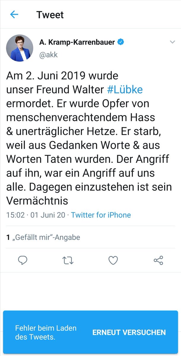 A Kramp Karrenbauer Am 2 Juni 19 Wurde Unser Freund Walter Lubcke Ermordet Er Wurde Opfer Von Menschenverachtendem Hass Unertraglicher Hetze Er Starb Weil Aus Gedanken Worte Aus Worten