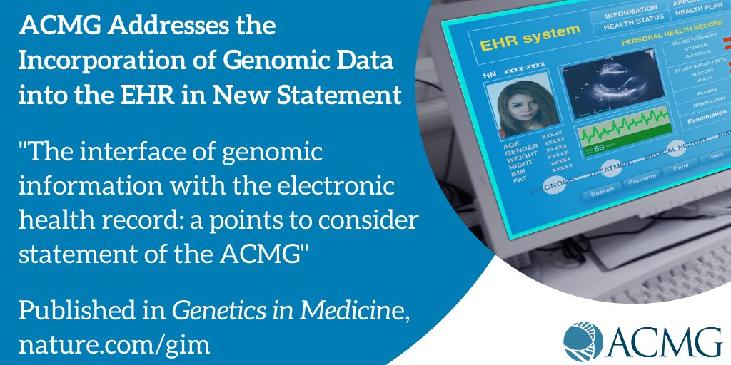 TheACMG's tweet photo. What’s needed to get genomic medicine into the #EHR to improve patient care? Read the new ACMG Points to Consider on the interface of genomic information with the EHR @GIMJournal https://t.co/EOOZw0px0M #genetics #genomics #precisionmedicine https://t.co/h7m98HwE8m