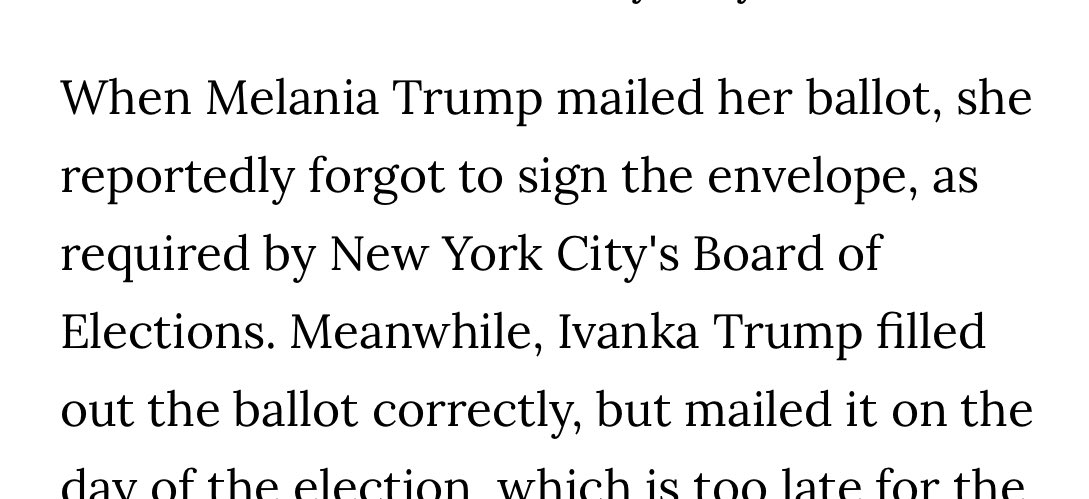 As did First Lady Melania Trump, whose mail ballot in the 2017 NYC mayoral election was rejected because she didn’t sign the envelope. 5/  https://www.google.com/amp/s/www.governing.com/topics/politics/Melania-and-Ivanka-Voted-Absentee-in-NYC-Mayors-Race-But-Their-Votes-Didnt-Count-Heres-Why.html%3fAMP