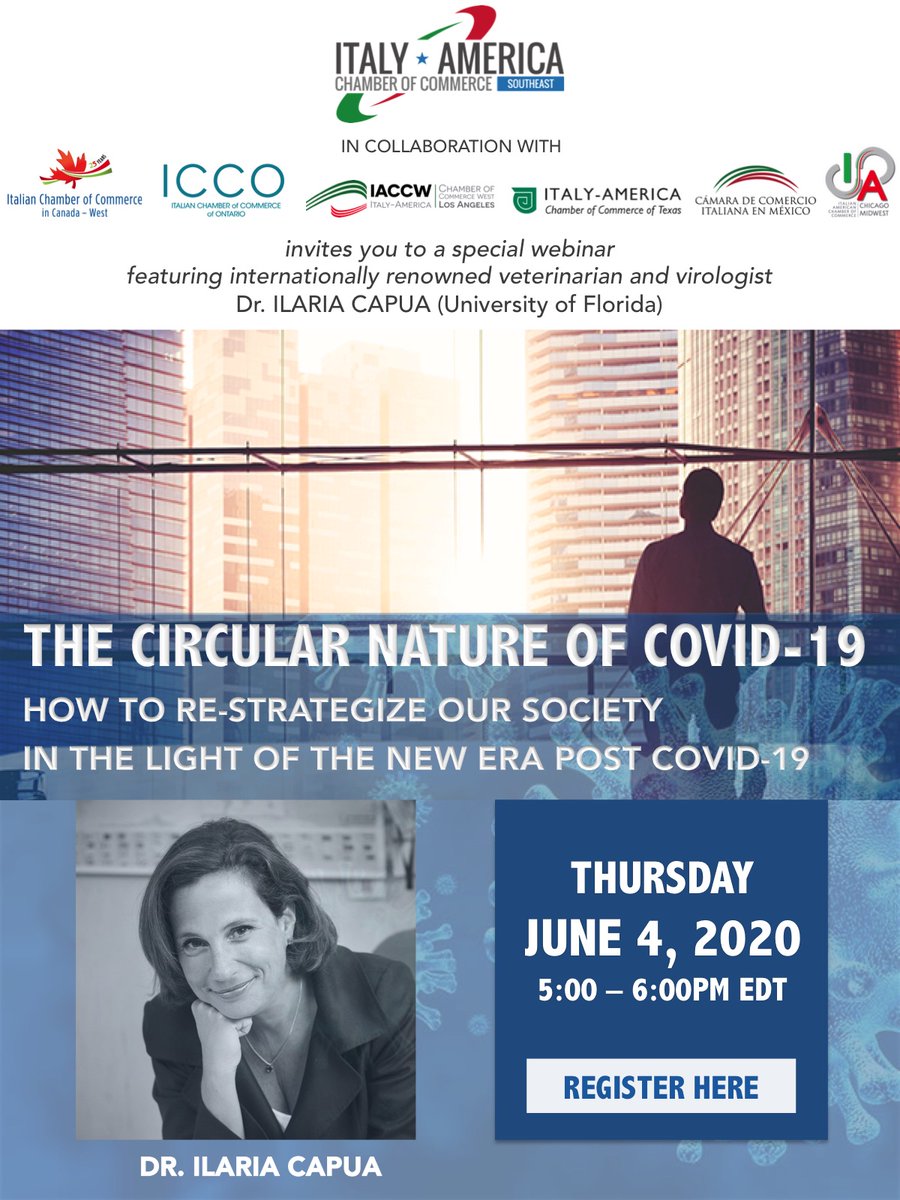 The Italian American Chamber of Commerce, in collaboration with the IACC Southeast, presents the new webinar 'THE CIRCULAR NATURE OF COVID-19' JUNE 4, 2020 - 5PM EDT To participate, simply sign up via the following links for free: bit.ly/2ySAuID #covid19 #usa #chicago