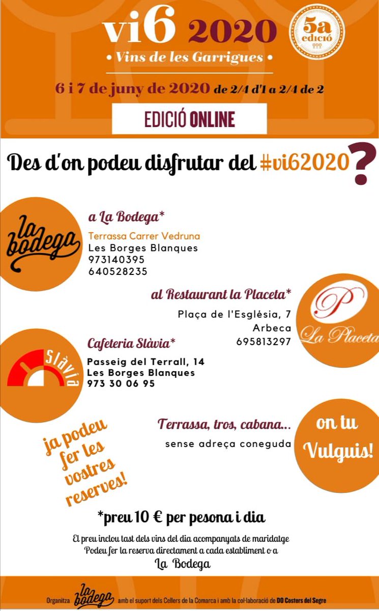 La Bodega de Borges (@labodegaborges) on Twitter photo Aquest #vi62020 serà diferent, per instagram, però el podreu seguir a <a href="/LaBodegaBorges/">La Bodega de Borges</a> <a href="/SlaviaCafeteria/">Slàvia Cafeteria</a> #laplacetarestaurant d’#arbeca i des de #casa Aquest #vi62020 serà diferent, per instagram, però el podreu seguir a <a href="/LaBodegaBorges/">La Bodega de Borges</a> <a href="/SlaviaCafeteria/">Slàvia Cafeteria</a> #laplacetarestaurant d’#arbeca i des de #casa