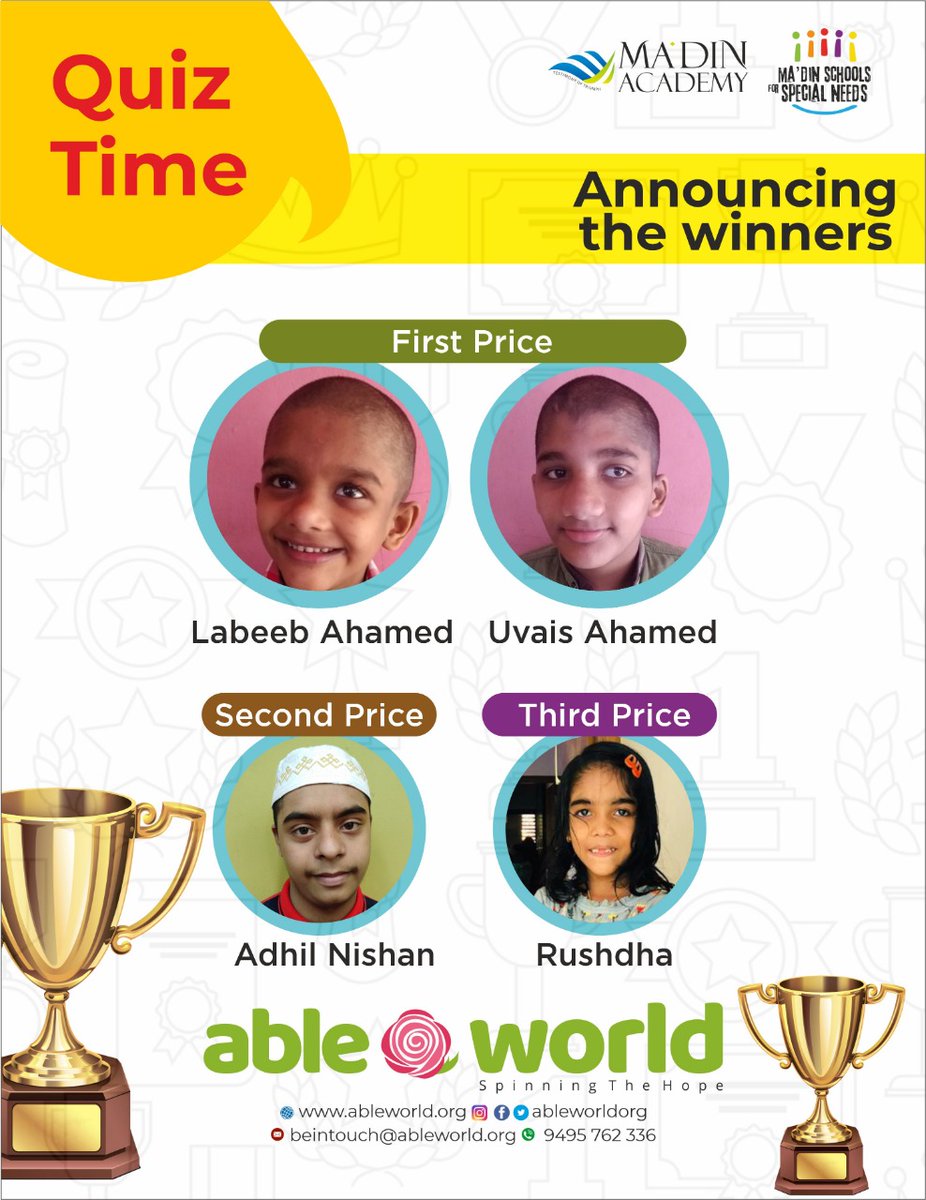 AbleWorldOrg's tweet image. Announcing the Winners of QUIZ TIME - an exclusive quiz event for parents of Special Need Students...
Congratulation to all Winners and Participants...
#UnlockThePotential
#MadinSpecialSchools
#AbleWorld