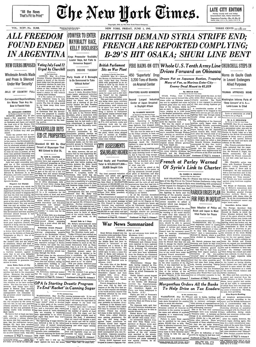June 1, 1945: British Demand Syria Strife End; French Are Reported Complying; B-29's Hit Osaka; Shuri Line Bent  https://nyti.ms/3cgGtoc 
